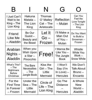 Disney Tunes Bingo Card