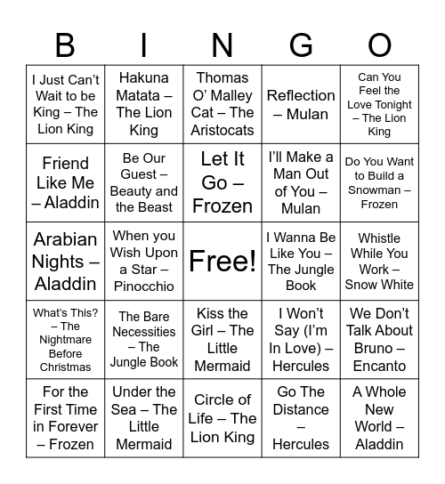 Disney Tunes Bingo Card