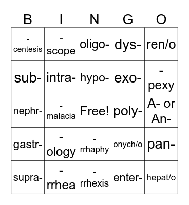 Medical Terminology BINGO Card