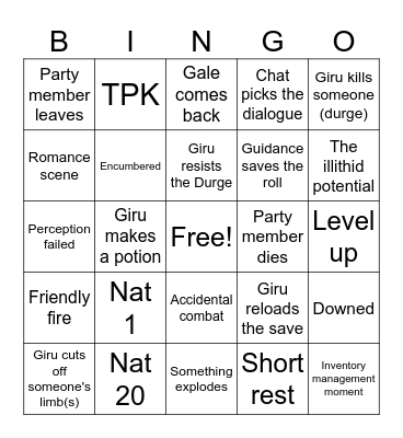 Baldur Bingo Card