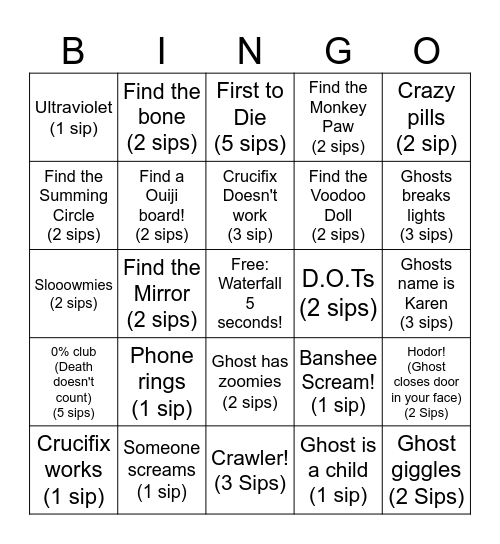 Phasmo Drinking Game Bingo Card