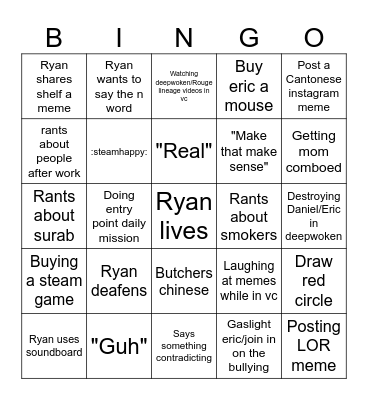 Ryans caaaaaaaard Bingo Card