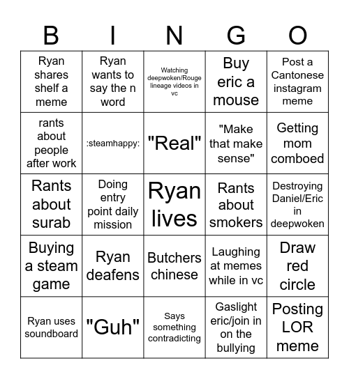 Ryans caaaaaaaard Bingo Card