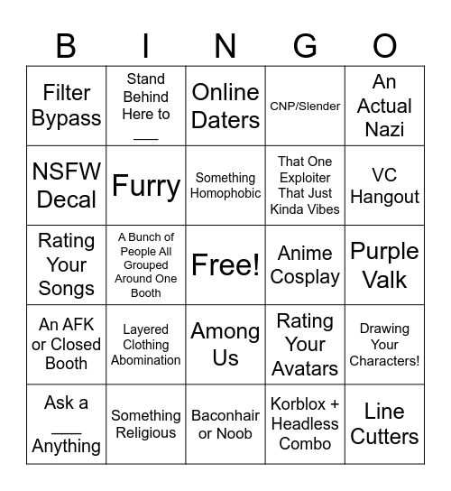 Rate My Avatar Bingo Card