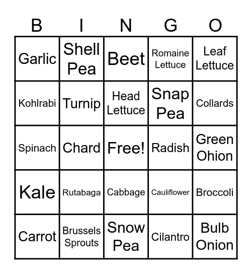 Cool Season Vegetables Bingo Card