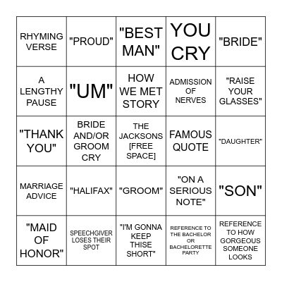 WEDDING SPEECH BINGO Card