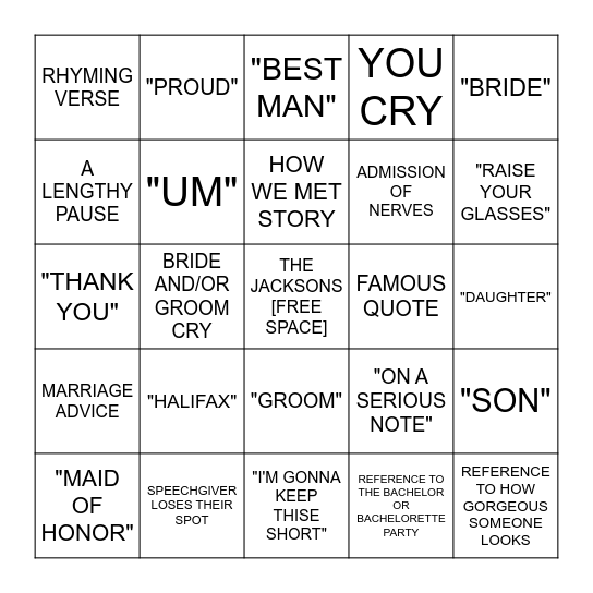 WEDDING SPEECH BINGO Card