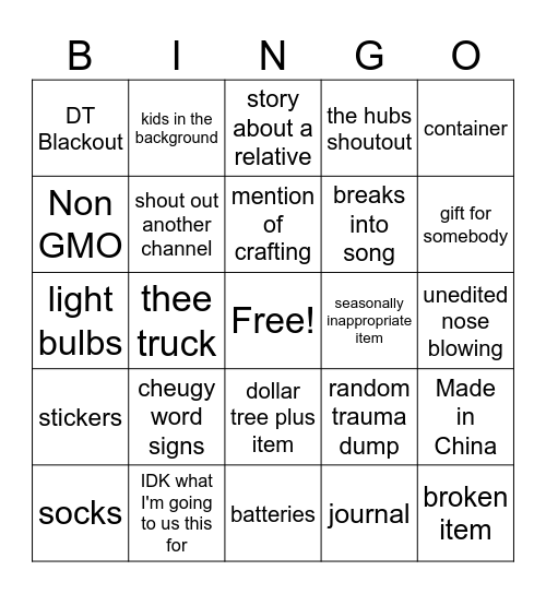 Dollar Tree Bingo Card