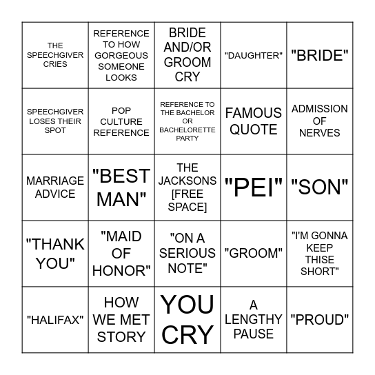 WEDDING SPEECH BINGO Card