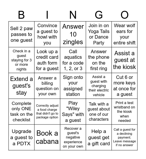 Guest Services Bingo Card