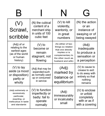 English vocabulary Bingo Card