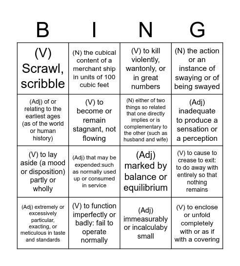 English vocabulary Bingo Card