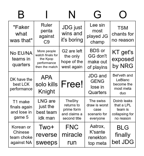 Worlds 2023 bingo Card