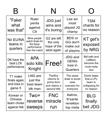 Worlds 2023 bingo Card
