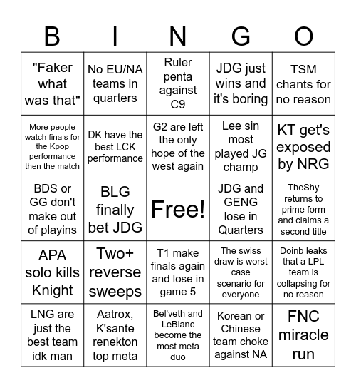 Worlds 2023 bingo Card