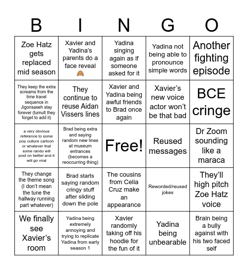 Xavier Riddle Season 2 Bingo Board Bingo Card
