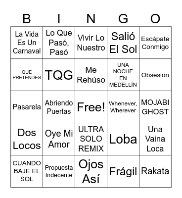 Spanish Song Bingo Card