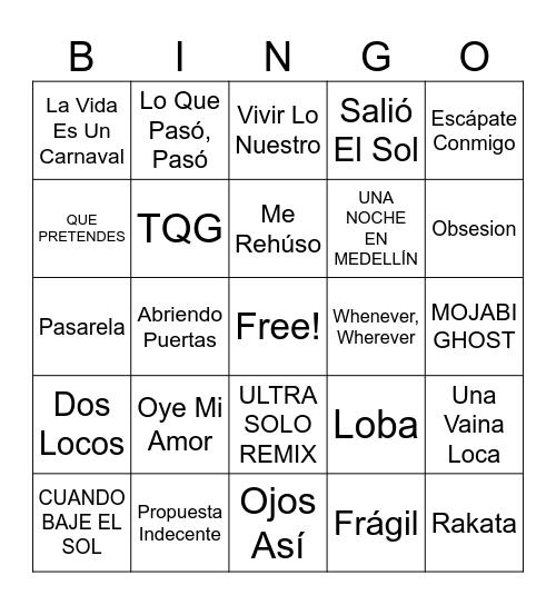 Spanish Song Bingo Card