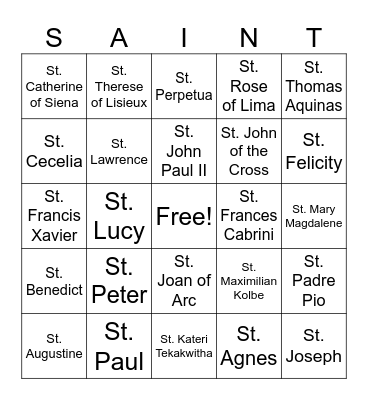 Saint Bingo Card