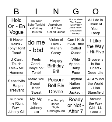 Strictly 1990 Bingo Card
