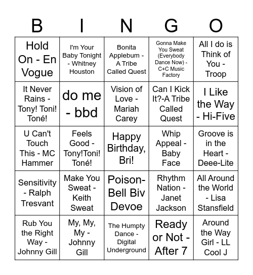 Strictly 1990 Bingo Card