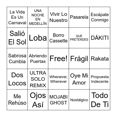 Spanish Song Bingo! Bingo Card