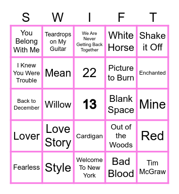 Taylor Swift BINGO Card