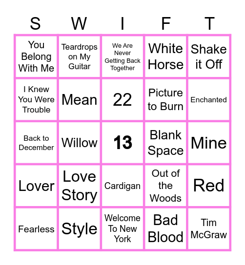 Taylor Swift BINGO Card