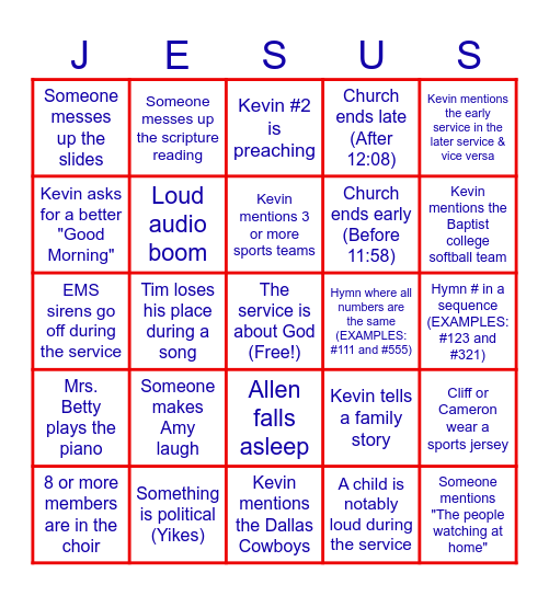 Church Service Bingo Card :) Bingo Card