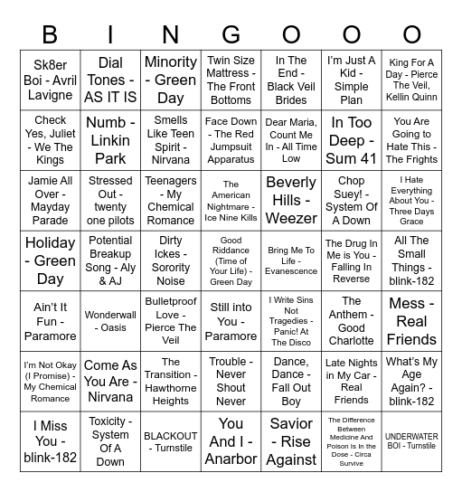 Emo Bingo Card