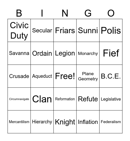 World History Vocabular Bingo Card