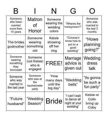 Kelsie's Bridal Shower Bingo Card