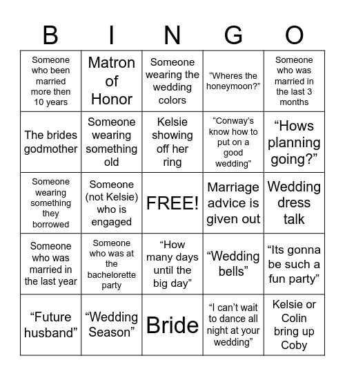 Kelsie's Bridal Shower Bingo Card