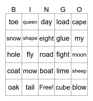 Long Vowel O Bingo Card