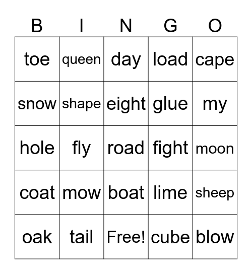 Long Vowel O Bingo Card