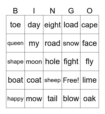 Long Vowel O Bingo Card