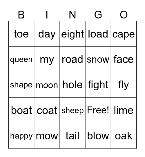 Long Vowel O Bingo Card