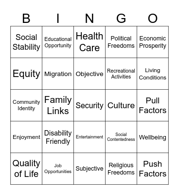 Place and Liveability Bingo Card