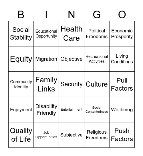 Place and Liveability Bingo Card