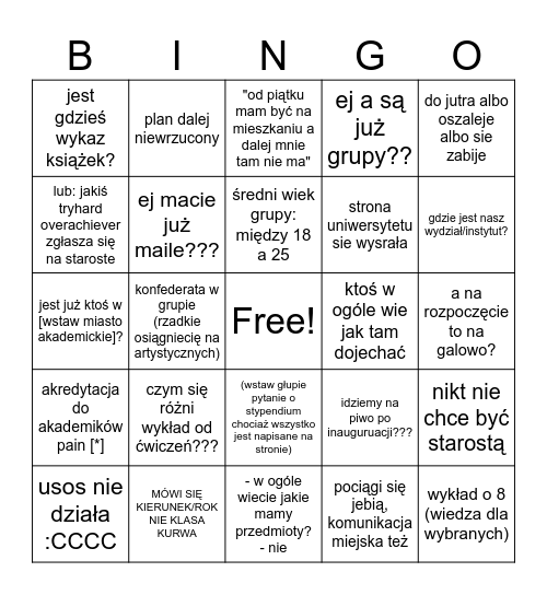 1ST TIME STUDENT INSANITY BINGO Card