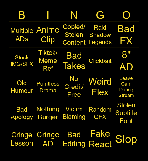 CRINGE YOUTUBER Bingo Card