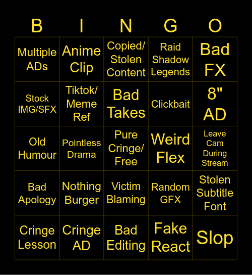CRINGE YOUTUBER Bingo Card