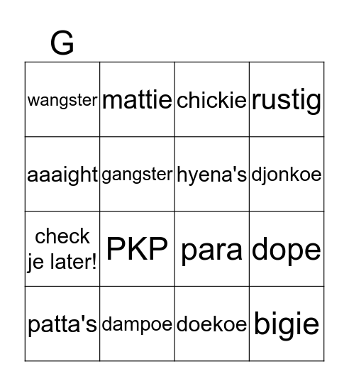 Straattaalbingo Card