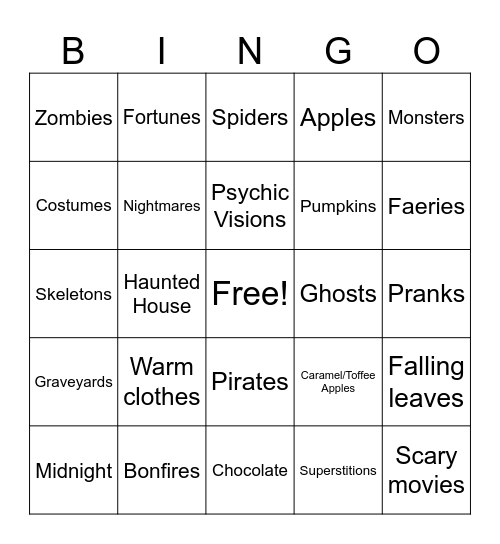 Halloween Writing Bingo Card