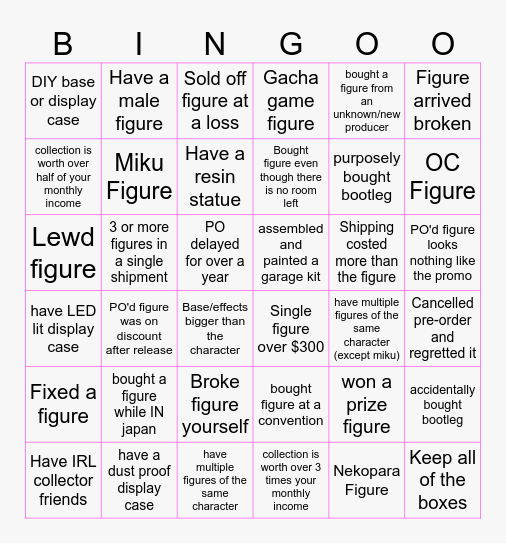 Figure Collector Bingo Card