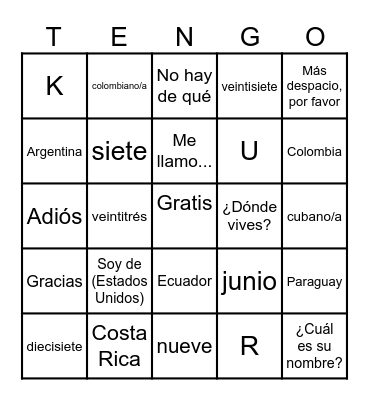 Unidad 1 - Lotería Bingo Card