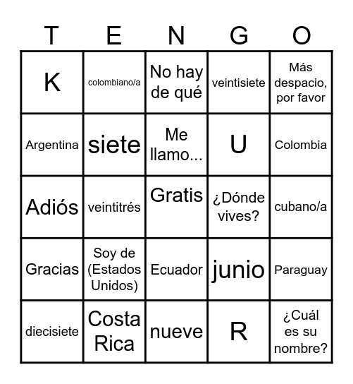 Unidad 1 - Lotería Bingo Card