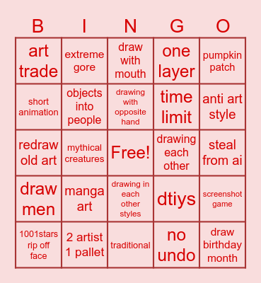 art challenge bingo Card