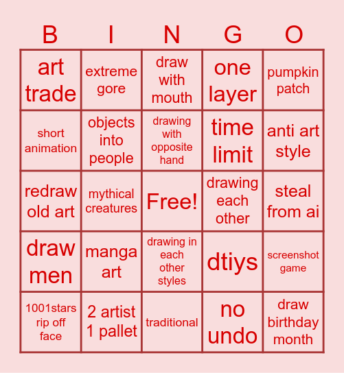 art challenge bingo Card