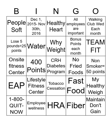 Healthy Me Bingo Card